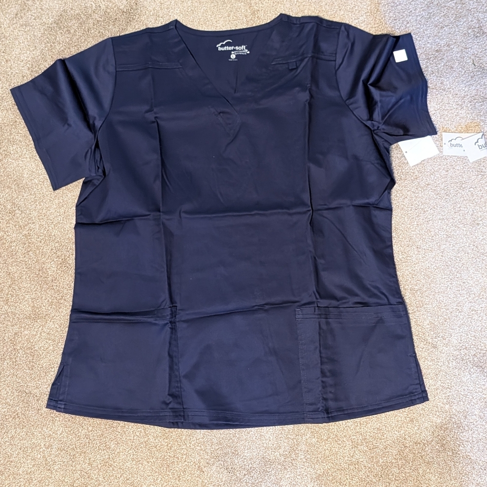 UA Butter-Soft STRETCH Women's 4-Pocket V-Neck Scrub Top Navy Large NWT